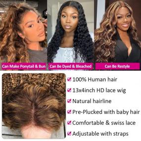 img 1 attached to Highlight Deep Wave Lace Front Wigs 100% Human Hair Pre-Plucked 180 Density, Glueless 4/30 Ombre Wig For Women, Ear-To-Ear Frontal Wig - 22 Inch
