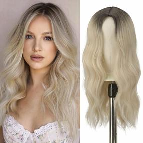img 4 attached to Ombre Blonde Wig For Women 22 Inch Dark Roots Curly Wavy Full Synthetic Hair Extensions Natural Look Middle Parting Daily Party Wear