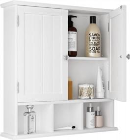 img 4 attached to White Wall Mounted 2-Door Bathroom Cabinet With 3 Open Shelves, Wooden Medicine Storage Cabinets With Adjustable Shelf, Space Saver Over The Toilet For Bathroom & Living Room