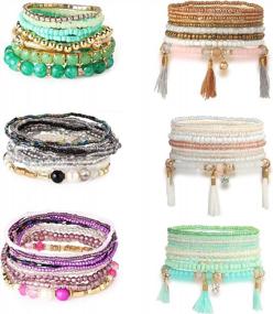 img 4 attached to Bohemian Beaded Bracelet Set For Women Girls - 6 Sets Multicolor Stretch Stackable Bracelets
