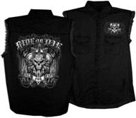 search-optimized: sleeveless denim shirt with black ride or die skull print by hot leathers logo