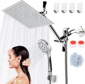 img 4 attached to COSYLAND 10'' High Pressure Rainfall Shower Head Combo With 11'' Extension Arm & 79" Hose - 9 Settings Handheld Stainless Steel Dual Heads, Chrome