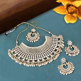 img 2 attached to Aheli Wedding Designer Gold Tone Faux Kundan Choker Necklace & Maang Tikka Set - Perfect For Indian Bridal Fashion Jewelry!