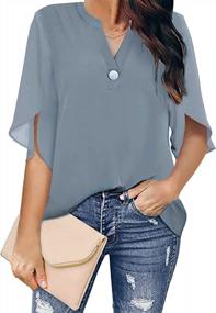 img 4 attached to YMING Womens V Neck Chiffon Blouse Bell Sleeve Solid Color Tunic Tops Button Loose Fit Shirts