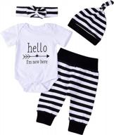 striped newborn outfit set: hoodie romper jumpsuit, long pants, and hat logo