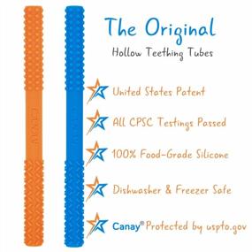 img 3 attached to BPA Free Soft Silicone Teething Toys For Babies 3-6 Months & 6-12 Months - Dishwasher & Refrigerator Safe (Blue+Orange) Original Hollow Teething Tubes (6.8’’ Long)