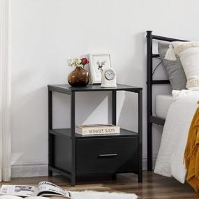 img 3 attached to Stylish And Functional Nightstand Set: VECELO Modern Square End Side Table With Drawer And Storage Shelf For Bedroom And Living Room, Metal Frame, 2 Pack, Black