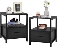stylish and functional nightstand set: vecelo modern square end side table with drawer and storage shelf for bedroom and living room, metal frame, 2 pack, black логотип