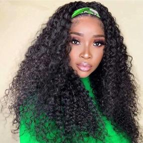 img 4 attached to Brazilian Human Hair Wet And Wavy Headband Wigs - 16 Inch Curly Lace Front Wig For Black Women