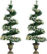 goplus 4ft pre-lit spiral christmas tree with 150 led lights, 2 pack snowy xmas trees, pvc branch tips and retro urn base artificial topiary plant for indoor entrance decoration logo