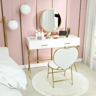 белый туалетный столик mecor с зеркалом, x-образными металлическими ножками и табуретом с мягкой подкладкой в ​​форме сердца - туалетный столик для макияжа в спальне с 2 ящиками. логотип