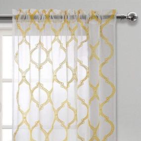 img 3 attached to DWCN Moroccan Tile Sheer Curtains - Faux Linen Embroidered Geometric Rod Pocket Semi Voile Bedroom And Living Room Window Curtain Panels, Set Of 2, 52 X 84 Inches Long, Yellow