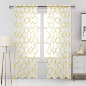 img 4 attached to DWCN Moroccan Tile Sheer Curtains - Faux Linen Embroidered Geometric Rod Pocket Semi Voile Bedroom And Living Room Window Curtain Panels, Set Of 2, 52 X 84 Inches Long, Yellow