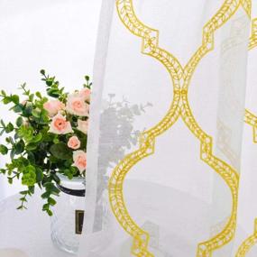 img 2 attached to DWCN Moroccan Tile Sheer Curtains - Faux Linen Embroidered Geometric Rod Pocket Semi Voile Bedroom And Living Room Window Curtain Panels, Set Of 2, 52 X 84 Inches Long, Yellow