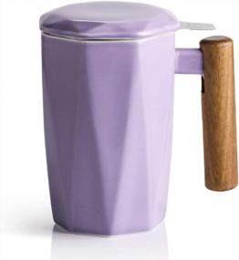 img 4 attached to Geometric Porcelain Tea Mug With Infuser And Lid, 17 Oz, Wooden Handle - Purple. Perfect Tea Cup For Steeping And Ideal Gift For Tea Lovers For Home, Office Or Travel - By SWEEJAR