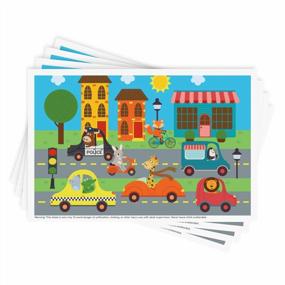 img 4 attached to 40 Pack Disposable Stick-On Placemats For Baby & Kids, 12" X 18" Reusable Pouch (Multicolor Animals Driving Cars)