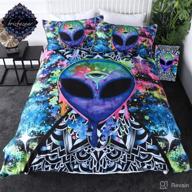 👽 trippy alien bedding set: queen alien skull duvet cover for psychedelic space vibes - watercolor blue black design, ideal alien gifts for him and her logo