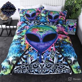 img 4 attached to 👽 Trippy Alien Bedding Set: Queen Alien Skull Duvet Cover for Psychedelic Space Vibes - Watercolor Blue Black Design, Ideal Alien Gifts for Him and Her