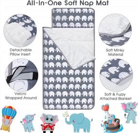img 2 attached to Extra Long Toddler Nap Mat With Removable Pillow & Fleece Blanket For Daycare - Elephant Design, Measures 55 X 23 X 2 Inches, Ideal Kids Sleeping Mat And Sleeping Bag
