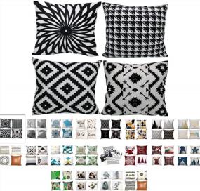 img 4 attached to Set Of 4 Geometric Decorative Throw Pillow Covers In Black And White Velvet, Super Soft Farmhouse Rustic Style For Sofa Accent Cushions, Square 18 X 18'' - By MOCOFO
