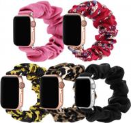 simpeak 5pack elastic fabric scrunchie band compatible with apple watch 41mm 40mm 38mm, women girl strap replacement for iwatch series 8 7 6 se 5 4 3, large, black/pink/leopard/sunflower/flower logo