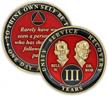 red 3 year sobriety coin - triplate aa chip for celebrating recovery anniversary and alcoholics anonymous gift logo