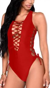 img 4 attached to Women'S Sexy Deep V Neck Laced Up Adjustable Backless One Piece Swimsuit