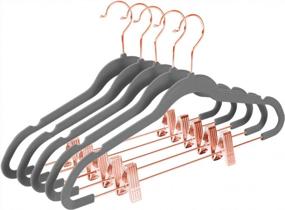 img 4 attached to Pack Of 20 MIZGI Premium Velvet Hangers For Pants And Skirts With Clips - Non-Slip Felt Outfit Hangers In Gray, Featuring Copper/Rose Gold Hooks For Space-Saving Clothes Storage