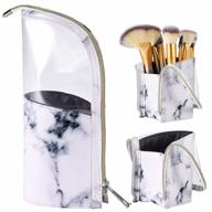 travel makeup brush holder and organizer in pu leather with clear plastic slots, desk pen and pencil case, small waterproof toiletry bag for dust-free storage, stylish white marble design logo