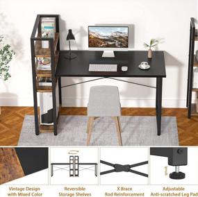 img 2 attached to Foxemart Computer Desk With Storage Shelves, 47 Inch Reversible Modern Writing Home Office Desks, Space-Saving Gaming Study Laptop Table Work Desk With Bookshelf For Small Space, Black/Rustic Brown