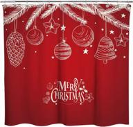 merry christmas baubles ornaments, jingle bell, pine cone hang on pine tree fabric shower curtain, bathroom home office holiday wall decoration as tapestry and photo booth backdrop logo