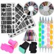 complete nail art kit with flower and animal stamping plate, acrylic rhinestones, mandala dotting pens, holographic striping tape and pink stamper scraper logo