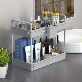 img 1 attached to Grey 3 Pack Under Sink Organizer And Storage Shelf - 2 Tier Cabinet Basket With Hooks & Hanging Cups For Bathroom Kitchen, SOLEJAZZ Multi-Purpose