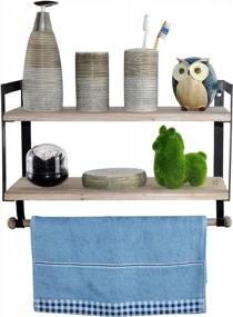 img 2 attached to 2 Tier Wall Shelf Spiretro Floating Shelves, Spice Rack with Towel Tissue Bar, Metal Hooks for Mugs and Utensils Organization, Home Storage Solution for Kitchen and Bathroom, Rustic Wood with Grey Finish