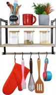 2 tier wall shelf spiretro floating shelves, spice rack with towel tissue bar, metal hooks for mugs and utensils organization, home storage solution for kitchen and bathroom, rustic wood with grey finish логотип