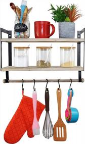 img 4 attached to 2 Tier Wall Shelf Spiretro Floating Shelves, Spice Rack with Towel Tissue Bar, Metal Hooks for Mugs and Utensils Organization, Home Storage Solution for Kitchen and Bathroom, Rustic Wood with Grey Finish