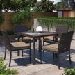 belleze 5 piece rattan patio dining set with slatted wicker table and chairs, outdoor furniture w/ umbrella cutout & removable cushions - mariel (brown) logo