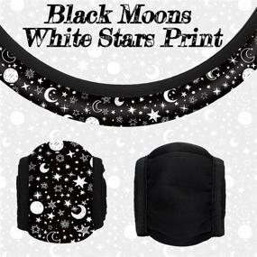 img 3 attached to 🌙 Яркий набор аксессуаров для автомобиля с рисунком: 4-частный набор черных лун с белыми звездами печати с рулевым колесом, коврики для чашек и кожаный брелок для автомобиля, грузовика или внедорожника.