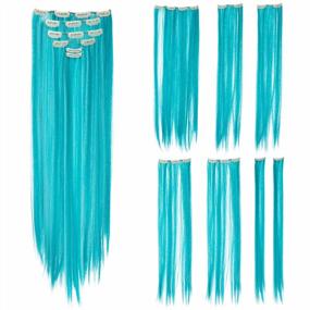 img 4 attached to Get Party-Ready With SWACC'S 7 Pcs Full Head Teal Blue Hair Extensions - 22-Inch Clip-On Synthetic Hairpieces With Colored Hair Streaks
