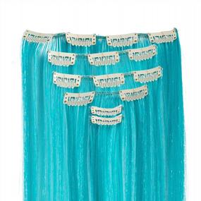 img 1 attached to Get Party-Ready With SWACC'S 7 Pcs Full Head Teal Blue Hair Extensions - 22-Inch Clip-On Synthetic Hairpieces With Colored Hair Streaks