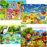 large size wooden jigsaw puzzles for kids 2-5 years old - 4 puzzle set of 24 pieces for preschoolers and toddlers, ideal for developing brain skills and coordination (11.8 x 8.9 x 0.24 inches) logo