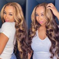 pizazz 13x4 highlight lace front wigs человеческие волосы, предварительно выщипанные 9a, бразильские объемные волны, кружевные фронтальные парики из человеческих волос для женщин, 4/27 color (4/27 highlight color body wave, 20 дюймов) логотип