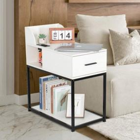 img 4 attached to YOURLITE, набор из 2 столиков с розеткой, узкая тумбочка, современный диван, приставной столик с 2 USB-портами для зарядки, деревянная ножка для небольшого пространства, гостиная, мебель для спальни (белый + черный 1)