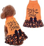 cutebone halloween dog sweater dress - trick or treat knit turtleneck puppy sweater with bowtie, harness hole, and winter pullover dress for small dogs логотип