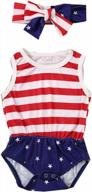 show your patriotism with calsunbaby's 4th of july baby girl outfit featuring usa flag and stripes with ruffle sleeves, demin shorts and headband logo