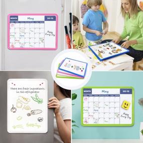 img 2 attached to Двухсторонний магнитный набор календарей для детей с сухим стиранием - синяя и зеленая пластиковая рамка, маленькая настенная доска для календаря 14X10 дюймов