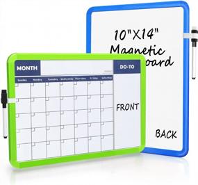img 4 attached to Двухсторонний магнитный набор календарей для детей с сухим стиранием - синяя и зеленая пластиковая рамка, маленькая настенная доска для календаря 14X10 дюймов