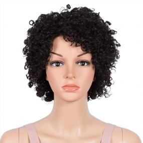 img 4 attached to Joedir Short Small Curly Brazilian Human Hair Wig With Bangs For Black Women Pixie Cut Wigs Machine Made 130% Density (Black Color)