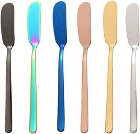 img 4 attached to Set Of 6 Stainless Steel Cheese Spreader Knives For Breakfast Sandwiches, Jam, Dessert Cream - Blue, Rainbow, Black, Gold, Rose Gold & Silvery (EORTA)