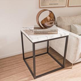img 4 attached to Stylish Faux Marble End Table For Living Room And Bedroom - Black Metal Frame